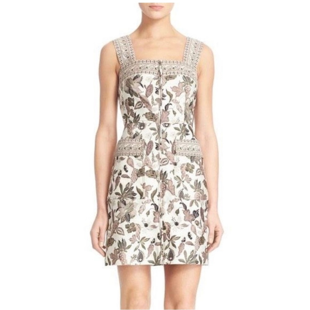 Tory Burch New Ivory Wisteria Silk Sleeveless Zip Up Women's Shift Dress Size 4